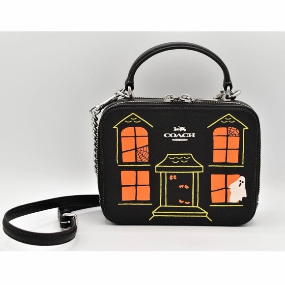 Coach Black Mini Top-Handle Bag with Orange and Yellow Halloween Motif - Picture 4 of 6